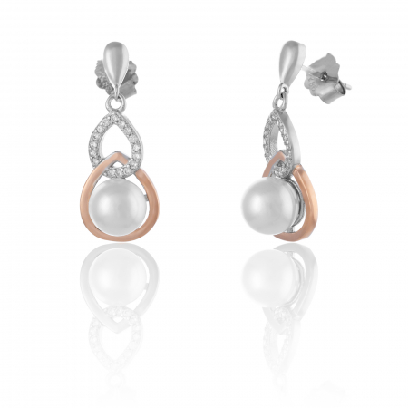 Produse - Cercei din argint 925 placat cu aur rose de 14 kt , Piatra: perla de laborator si cubic zirconia, Culoare: alb si transparent , Sonis Silver