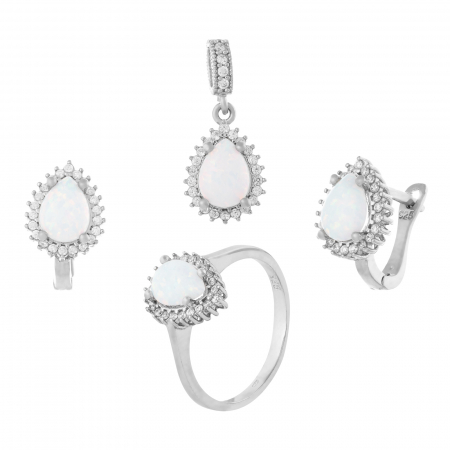 Seturi bijuterii cu piatra - Set din argint 925 rodiat  (cercei+pandantiv+inel), Piatra: opal de laborator si cubic zirconia,Culoare : roz si transparent ,  Sonis Silver
