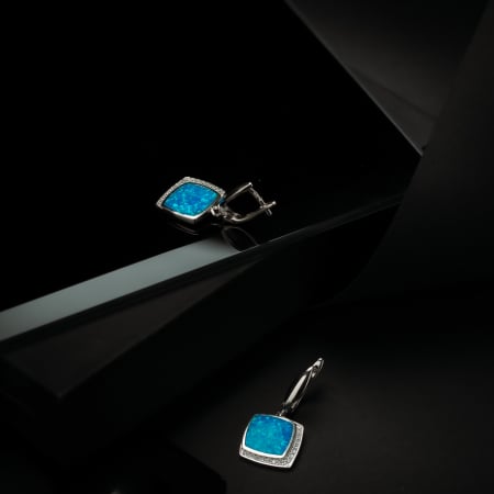 Cercei din argint 925 rodiat, Piatra: opal de laborator si cubic zirconia, Culoare: albastru si transparent, Sonis Silver [1]