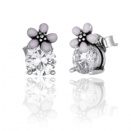 Cercei din argint 925, Tip inchidere: surub, Piatra: zirconia fatetata si email, Culoare: transparent si roz, Sonis Silver [0]