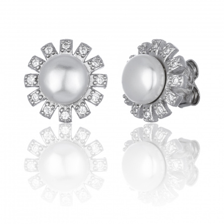 Cercei din argint 925 rodiat , Piatra: perla de laborator  si zirconia fatetata, Culoare: alb si transparent, Sonis Silver [0]