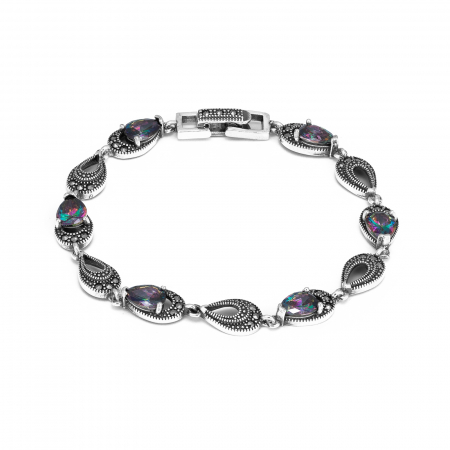 Bratari din argint cu piatra - Bratara din argint 925, Piatra : topaz mistic , marcasite si zirconia fatetata, Culoare : variabila: efect irizat de albastru, verde si violet, si alte culori disponibile: mov, alb si negru