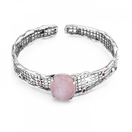 Bratari din argint pentru EA - Bratara fixa, din argint 925 vintage, Piatra:  quartz  si zirconia fatetata, Culoare: roz,