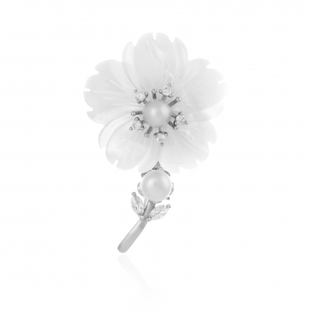 BROSE - Brosa din argint 925 rodiat  ,Piatra : sidef ,  perla de laborator si cubic zirconia , Culoare : sidef , alb si transparent ,