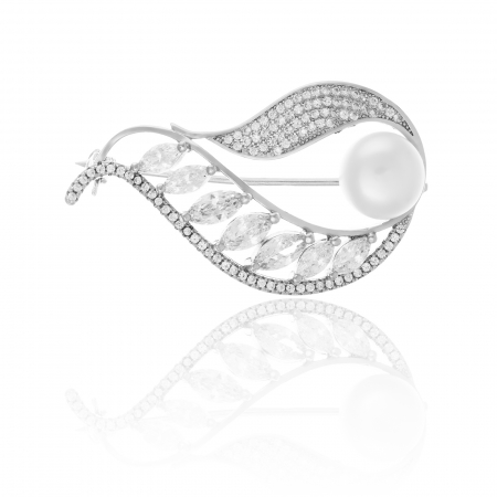 BROSE - Brosa din argint 925 rodiat , Piatra : perla de laborator , zirconia fatetata si cubic zirconia , Culoare: alb si transparent  ,