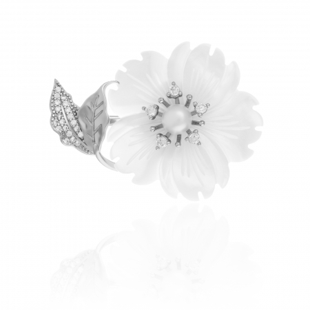 BROSE - Brosa din argint 925 rodiat  , Piatra :sidef , perla de laborator , zirconia fatetata si cubic zirconia , Culoare : sidef ,  alb si transparent ,