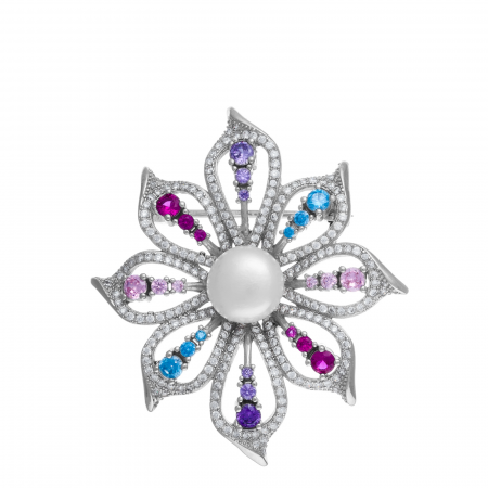 Brosa din argint 925 rodiat, Piatra: perla de laborator , zirconia fatetata si cubic zirconia,Culoare: multicolor, Sonis Silver [0]