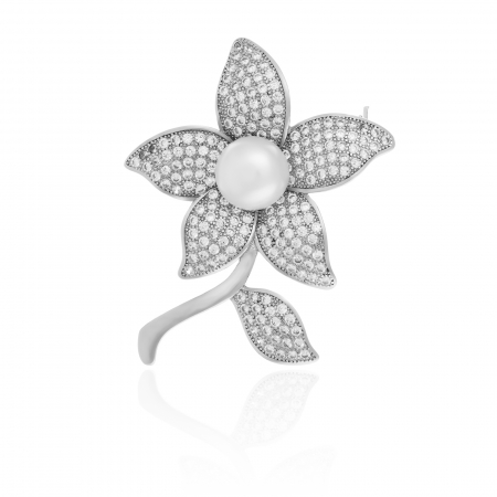 BROSE - Brosa din argint 925 rodiat , Piatra: perla de laborator si cubic   zirconia,  Culoare: alb si transparent