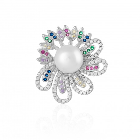 BROSE - Brosa din argint 925 rodiat, Piatra: perla de laborator , zirconia fatetata si cubic zirconia  , Culoare: multicolor