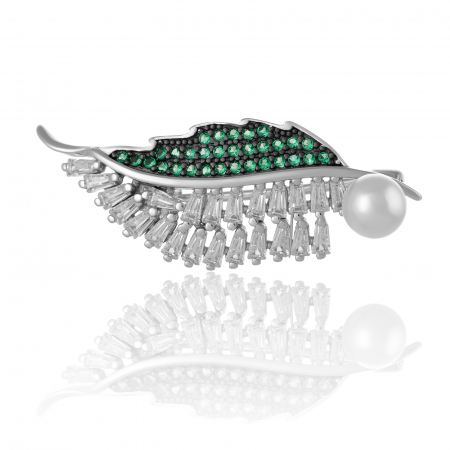 BROSE - Brosa din argint 925 rodiat, Piatra: perla de laborator, zirconia fatetata si cubic zirconia , Culoare: alb, verde si transparent