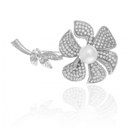 BROSE - Brosa din argint 925 rodiat , Piatra : perla de laborator si  cubic zirconia , Culoare: alb si transparent  ,
