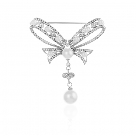 BROSE - Brosa din argint 925 rodiat  , Piatra :perla de laborator si cubic zirconia , Culoare : alb si  transparent ,