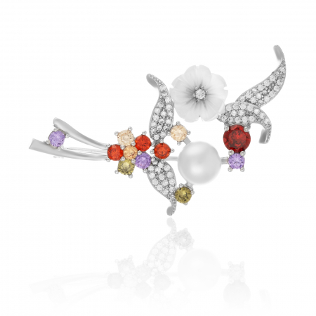BROSE - Brosa din argint 925 rodiat , Piatra : sidef , perla de laborator , zirconia fatetata  si cubic zirconia , Culoare: multicolor