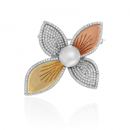 BROSE - Brosa din argint 925 ,placat cu aur galben si rose de 14 kt , Piatra : perla de laborator si cubic zirconia  ,Culoare : alb si transparent