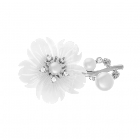 BROSE - Brosa din argint 925 rodiat, Piatra: perla de laborator si sidef, Culoare: alb, Sonis Silver