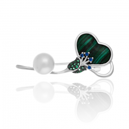 BROSE - Brosa din argint 925 rodiat , Piatra : malachit , perla de laborator si cubic zirconia, Culoare ; verde, alb si albastru,