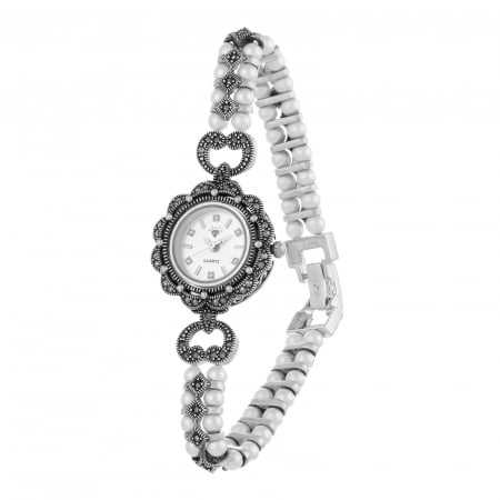 Ceasuri - Ceas din argint 925, Piatra : perla de laborator si marcasite , Culoare : alb ,  Sonis Silver