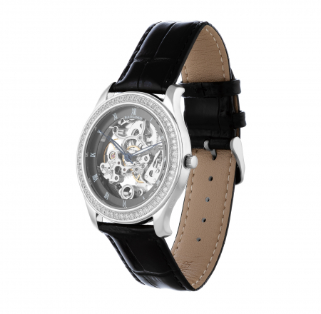 Ceasuri - Ceas automatic, cu cadran din argint 925 rodiat si curea din piele naturala , Piatra : cubic zirconia , Culoare : transparenta,