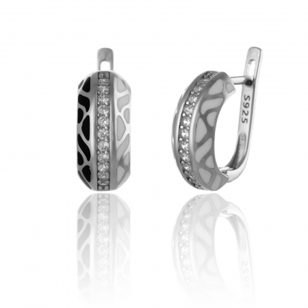 Cercei clasici - Cercei din argint 925 rodiat ,Piatra : cubic zirconia si email , Culoare :  transparent , alb si negru , Sonis Silver