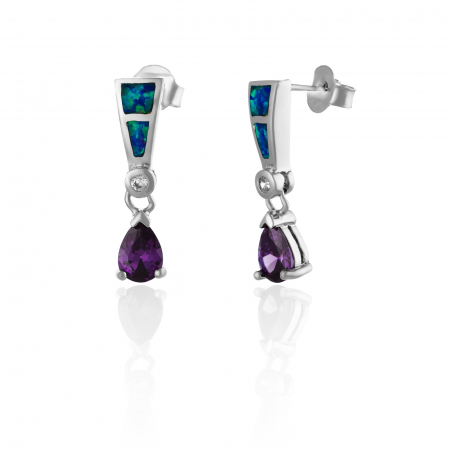 Cercei lungi - Cercei din argint 925 rodiat ,Piatra : opal de laborator si zirconia fatetata , Culoare : albastru  , mov si transparent , Sonis  Silver