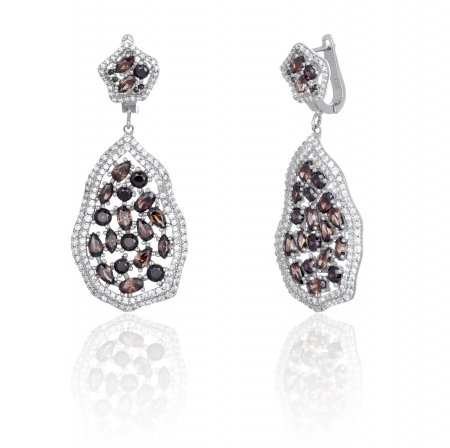 Cercei lungi - Cercei din argint 925 rodiat, Piatra: zirconia fatetata si cubic zirconia, Culoare: maro cognac si transparent,