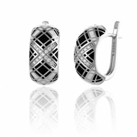 Cercei clasici - Cercei din argint 925 rodiat ,Piatra : cubic zirconia si email , Culoare : transparent si negru ,Sonis Silver
