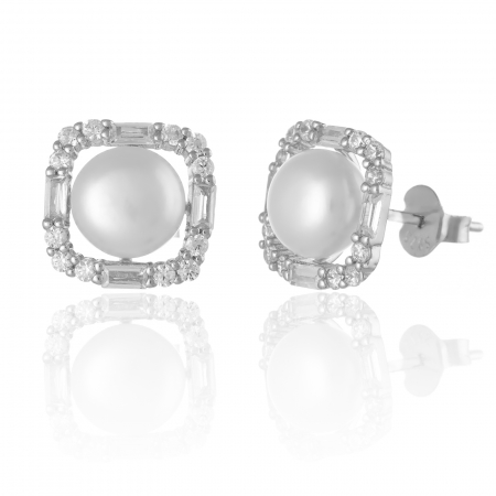 Cercei cu surub - Cercei din argint 925 rodiat, Piatra: perla de laborator, zirconia fatetata si cubic zirconia, Culoare: alb  si  transparent,