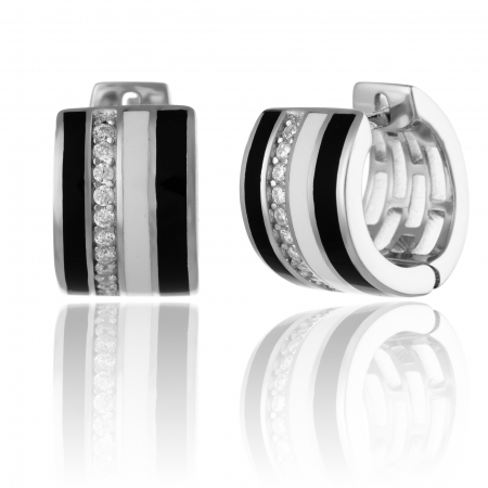 Cercei clasici - Cercei din argint 925 rodiat , Piatra : cubic zirconia si email , Culoare : transparent , negru , alb , Sonis Silver