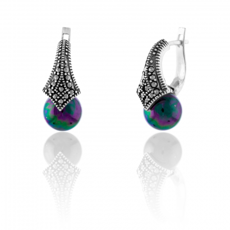 Produse - Cercei din argint 925, Piatra: perla de laborator si marcasite, Culoare: verde cu insertii mov si albastru,  Sonis Silver