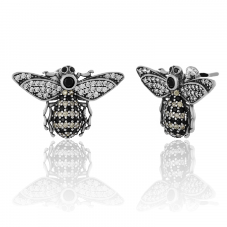 Cercei cu surub - Cercei din argint 925 rodiat , Piatra: cubic zirconia,Culoare : transparent , negru si galben, Sonis Silver