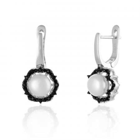 Cercei clasici - Cercei din argint 925 rodiat, Piatra: perla de laborator si onix fatetat ,Culoare : alb si negru, Sonis Silver