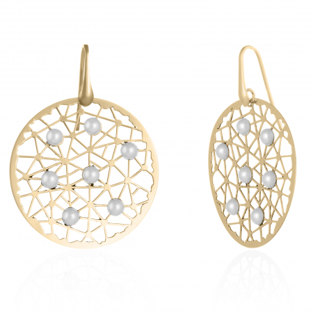 Cercei fashion - Cercei din argint 925,placat cu aur de 14 kt ,Piatra : perla de laborator , Culoare: alb,