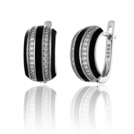 Cercei clasici - Cercei din argint 925 rodiat ,Piatra : cubic zirconia si email, Culoare : transparent si negru , Sonis Silver