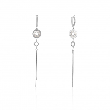 Cercei lungi - Cercei din argint 925 rodiat , Piatra :sidef si cubic zirconia, Culoare : transparenta ,