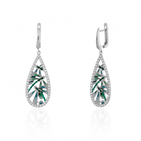 Cercei lungi - Cercei din argint 925 rodiat ,Piatra : email si cubic zirconia , Culoare :  verde si transparent,