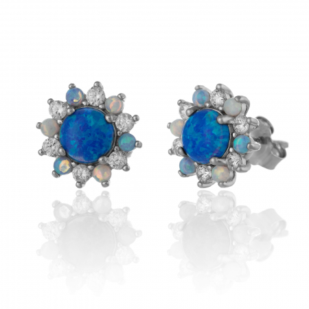 Cercei cu surub - Cercei din argint 925 rodiat , Piatra : opal de laborator,cubic zirconia , Culoare : albastru si transparent,