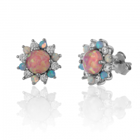 Cercei cu surub - Cercei din argint 925 rodiat , Piatra : opal de laborator,cubic zirconia , Culoare : multicolor,