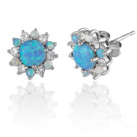 Cercei cu surub - Cercei din argint 925 rodiat , Piatra : opal de laborator si cubic zirconia , Culoare : albastru si transparent,