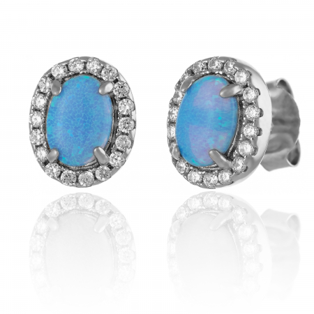 Cercei cu surub - Cercei din argint 925 rodiat , Piatra : opal de laborator si cubic zirconia , Culoare albastru , transparent,