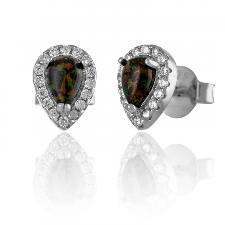 Cercei cu surub - Cercei din argint 925 rodiat , Piatra : opal de laborator si cubic zirconia , Culoare maro cu insertii de verde si transparent,