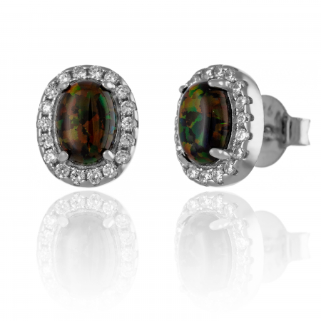 Cercei cu surub - Cercei din argint 925 rodiat , Piatra : opal de laborator si cubic zirconia , Culoare : maro cu insertii de verde si  transparent,