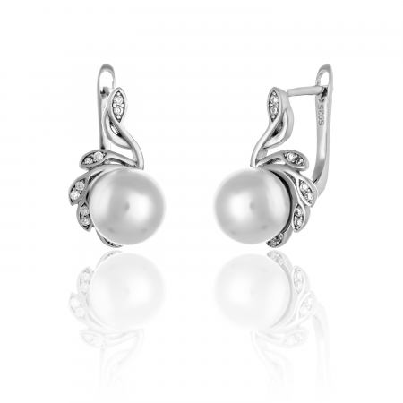 Cercei clasici - Cercei din argint 925 rodiat , Piatra: perla de laborator si cubic zirconia, Culoare: alb si transparent ,