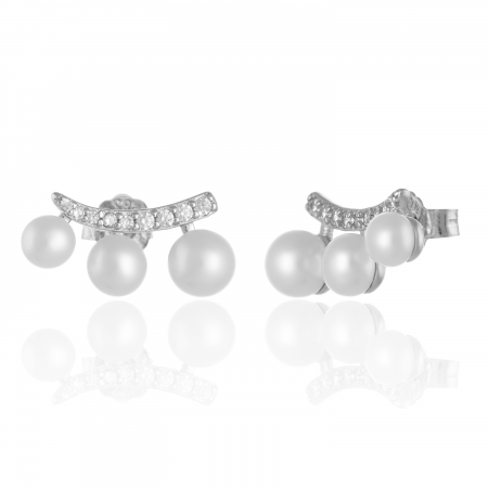 Cercei cu surub - Cercei din argint 925 rodiat ,Piatra : Perla de laborator si cubic zirconia ,Culoare : alb si transparent, Sonis Silver