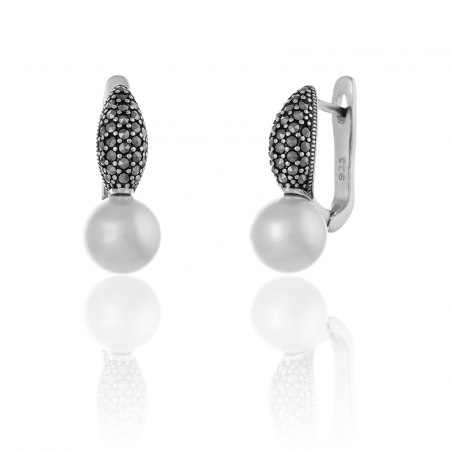 Cercei clasici - Cercei din argint 925 , Piatra: perla de laborator si marcasite, Culoare: alb,