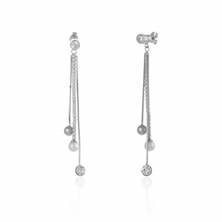 Cercei lungi - Cercei din argint 925 rodiat, Piatra: zirconia fatetata, cubic zirconia, cristal si perla de laborator, Culoare: transparent si alb,
