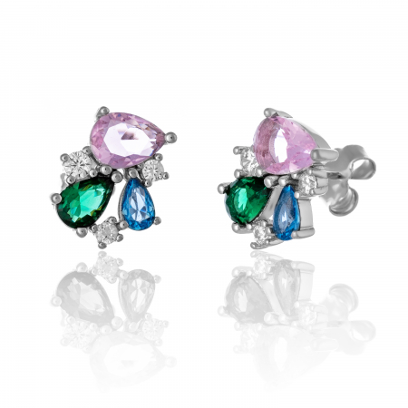 Cercei cu surub - Cercei din argint 925 rodiat, Piatra: zirconia fatetata, Culoare: multicolor,