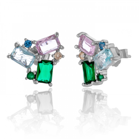 Cercei cu surub - Cercei din argint 925 rodiat, Piatra: zirconia fatetata, Culoare: multicolor,