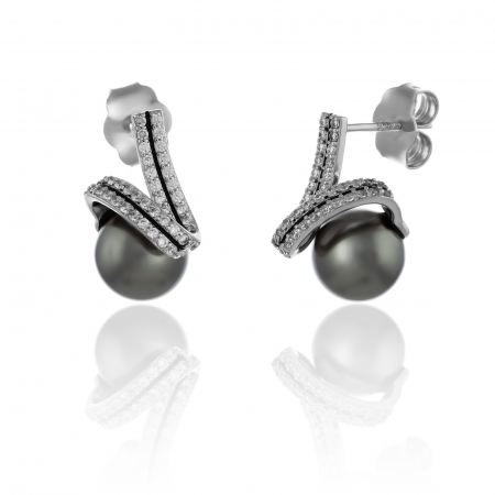 Cercei cu surub - Cercei din argint 925 rodiat ,Piatra : perla de laborator si cubic zirconia , Culoare : gri si transparent ,