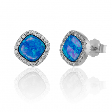 Cercei cu surub - Cercei din argint 925 rodiat  , Piatra : opal si cubic zirconia , Culoare ; albastru si transparent ,
