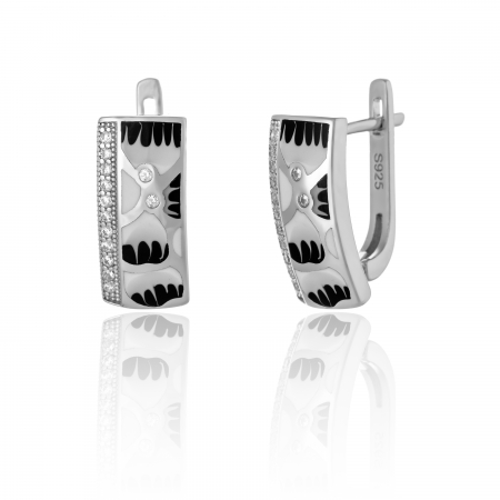 Cercei clasici - Cercei din argint 925 rodiat , Piatra : cubic zirconia si email , culoare : transparent , alb si negru ,